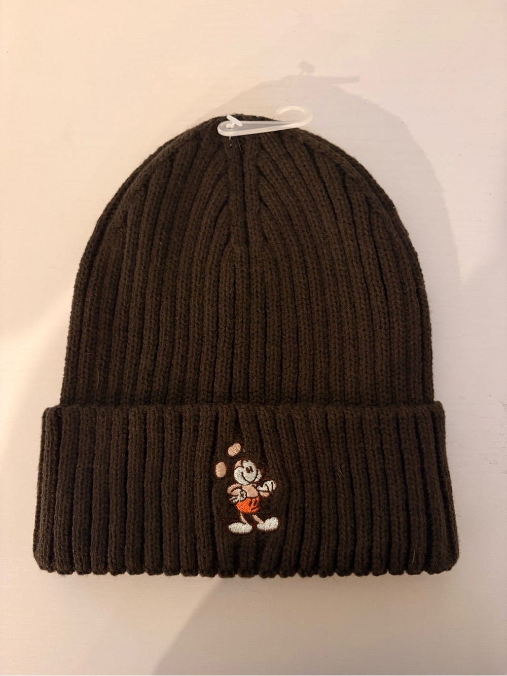 Official Disney Brown Ribbed Beanie with Micky Mouse Embroidery